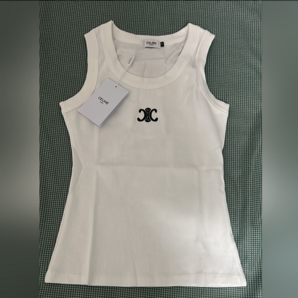 Celine Ivory Tank Top with Black Logo